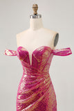 Sparkly Fucsia Off The Shoulder Bodycon Paillettes Abito da cocktail