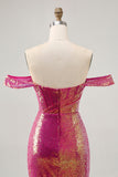 Sparkly Fucsia Off The Shoulder Bodycon Paillettes Abito da cocktail