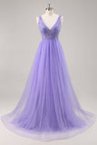 Glitter viola una linea abito da cerimonia lungo con liste