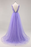 Glitter viola una linea abito da cerimonia lungo con liste