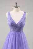Glitter viola una linea abito da cerimonia lungo con liste