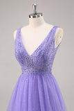 Glitter viola una linea abito da cerimonia lungo con liste