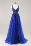 Glitter Royal Blue Beaded A Line Abito da cerimonia lungo con fessura