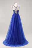 Glitter Royal Blue Beaded A Line Abito da cerimonia lungo con fessura