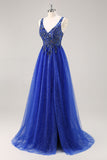Glitter Royal Blue Beaded A Line Abito da cerimonia lungo con fessura
