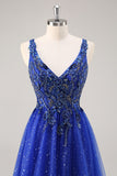 Glitter Royal Blue Beaded A Line Abito da cerimonia lungo con fessura
