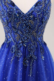 Glitter Royal Blue Beaded A Line Abito da cerimonia lungo con fessura