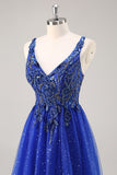 Glitter Royal Blue Beaded A Line Abito da cerimonia lungo con fessura