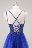Glitter Royal Blue Beaded A Line Abito da cerimonia lungo con fessura