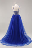 Royal Blue A Line Abito da cerimonia lungo con liste