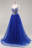 Royal Blue A Line Abito da cerimonia lungo con liste