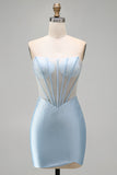 Corsetto blu chiaro bodycon spalline con perline vestito corto da cocktail con fessura