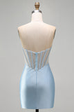 Corsetto blu chiaro bodycon spalline con perline vestito corto da cocktail con fessura