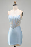 Corsetto blu chiaro bodycon spalline con perline vestito corto da cocktail con fessura