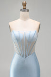 Corsetto blu chiaro bodycon spalline con perline vestito corto da cocktail con fessura