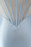 Corsetto blu chiaro bodycon spalline con perline vestito corto da cocktail con fessura