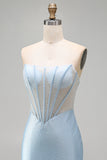 Corsetto blu chiaro bodycon spalline con perline vestito corto da cocktail con fessura