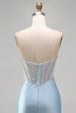 Corsetto blu chiaro bodycon spalline con perline vestito corto da cocktail con fessura