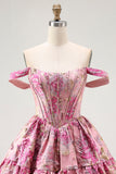 Off The Shoulder stampato A-Line corsetto Abito Da Cocktail