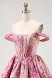 Off The Shoulder stampato A-Line corsetto Abito Da Cocktail