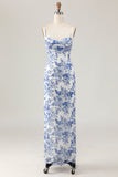 Guaina stampata bianco blu fiore lungo abito da sposa ospite