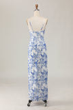 Guaina stampata bianco blu fiore lungo abito da sposa ospite