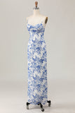 Guaina stampata bianco blu fiore lungo abito da sposa ospite