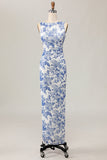 Floreale Stampato Aderente Bianco Blu Lungo Abito Da Sposa Ospite