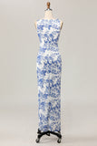 Floreale Stampato Aderente Bianco Blu Lungo Abito Da Sposa Ospite