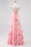 Blush Beaded Halter stampato floreale ospite abito da sposa con fessura