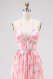 Blush Beaded Halter stampato floreale ospite abito da sposa con fessura