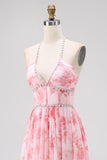 Blush Beaded Halter stampato floreale ospite abito da sposa con fessura