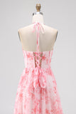 Blush Beaded Halter stampato floreale ospite abito da sposa con fessura