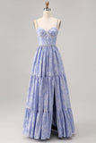 Blu fiore A-Line in rilievo abito da sposa ospite con fessura