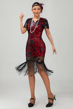 Vestito nero rosso aderente con frange paillettes anni 1920 con set di accessori da 5 pezzi