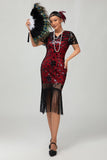 Vestito nero rosso aderente con frange paillettes anni 1920 con set di accessori da 5 pezzi
