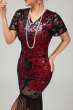 Vestito nero rosso aderente con frange paillettes anni 1920 con set di accessori da 5 pezzi