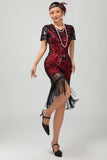 Vestito nero rosso aderente con frange paillettes anni 1920 con set di accessori da 5 pezzi
