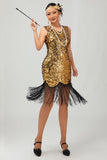 Sparkly nero dorato scollo a V Bodycon 1920s abito con frange