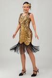Sparkly nero dorato scollo a V Bodycon 1920s abito con frange