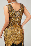 Sparkly nero dorato scollo a V Bodycon 1920s abito con frange