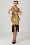 Sparkly nero dorato scollo a V Bodycon 1920s abito con frange