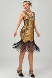 Sparkly nero dorato scollo a V Bodycon 1920s abito con frange