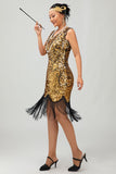 Scintillante nero dorato aderente frangia1920s abito con 5 pezzi accessori Set