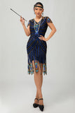 paillettes nero blu 1920s aderente Gatsby vestito con maniche corte