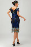 paillettes nero blu 1920s aderente Gatsby vestito con maniche corte