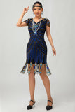 paillettes nero blu 1920s aderente Gatsby vestito con maniche corte