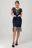 paillettes nero blu 1920s aderente Gatsby vestito con maniche corte