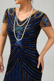 paillettes nero blu 1920s aderente Gatsby vestito con maniche corte