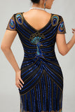 paillettes nero blu 1920s aderente Gatsby vestito con maniche corte